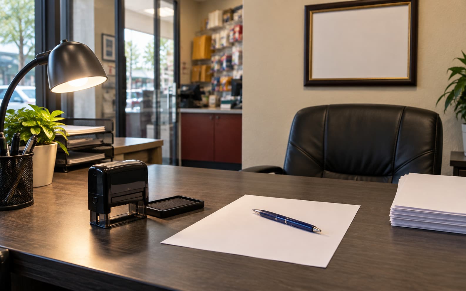 The notary signing desk, with a stamp, pen and blank documents