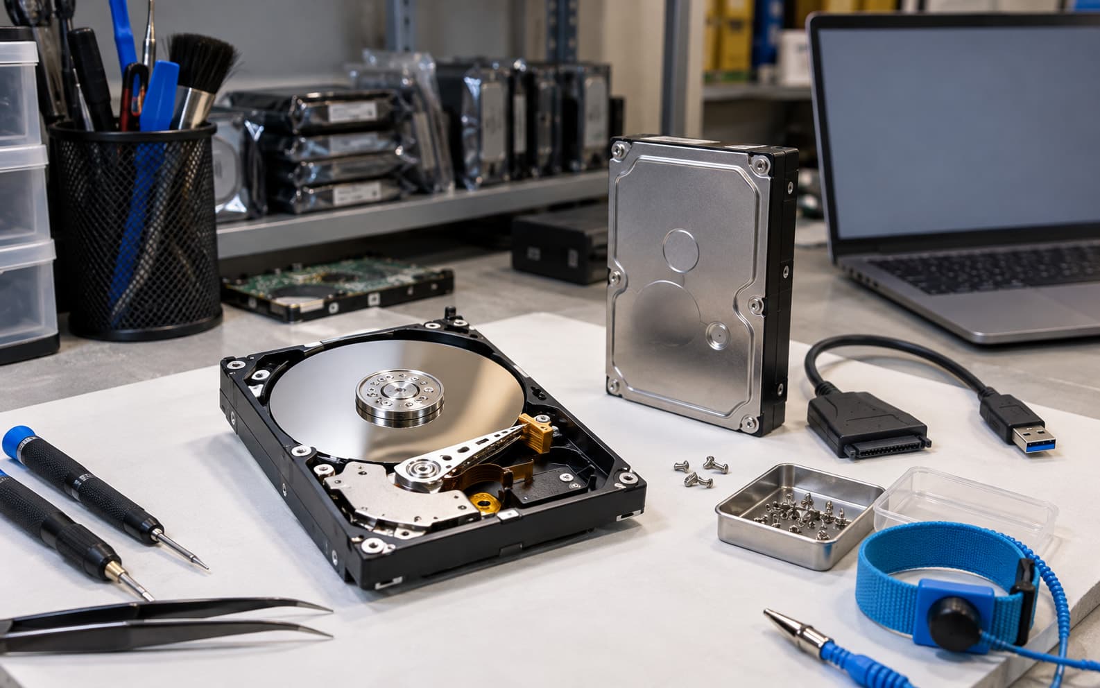 An opened hard drive on the workbench, with tools and a laptop