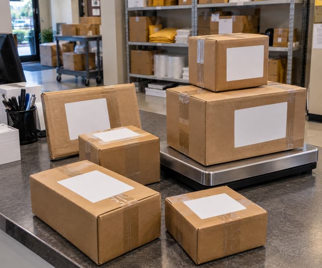 Sealed parcels with blank labels stacked on the counter