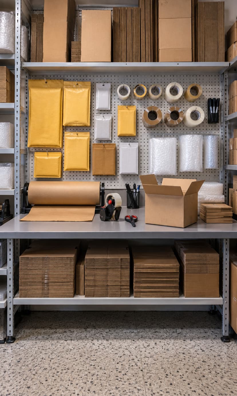 The packing bench, with boxes and packing materials