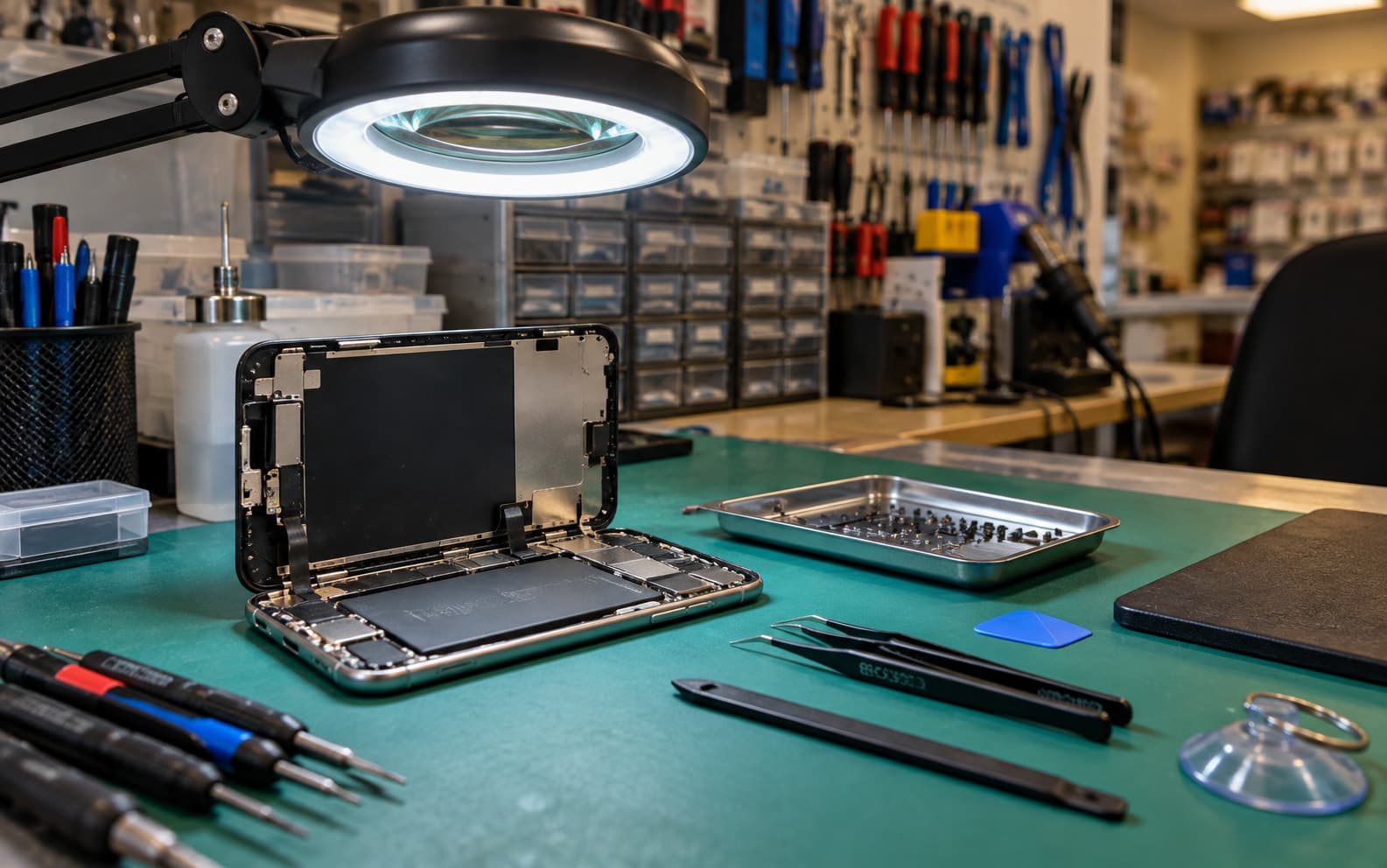 A phone opened on the repair bench, with tools and a magnifier lamp