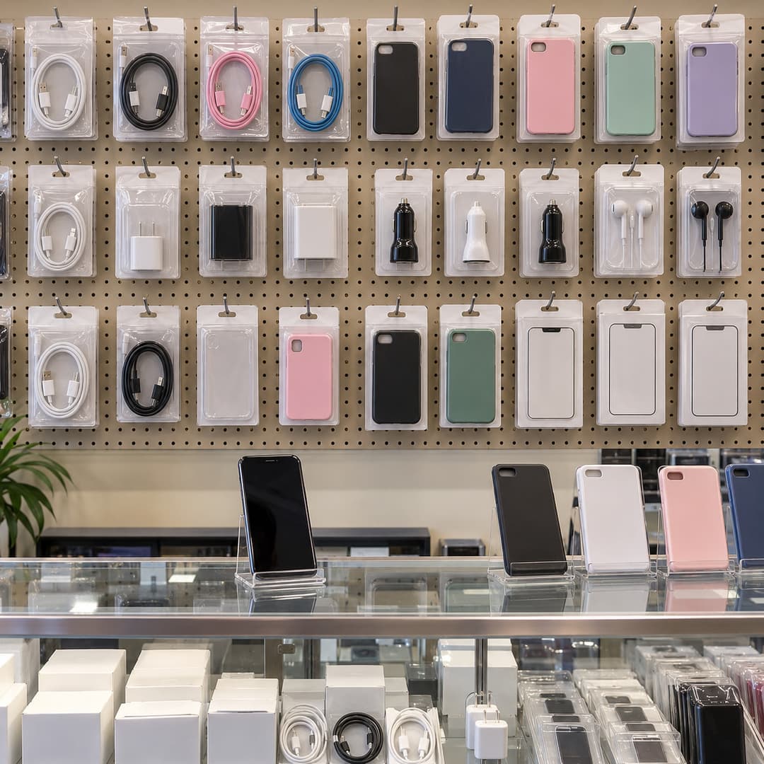 The prepaid phone display wall, with cases, cables and handsets