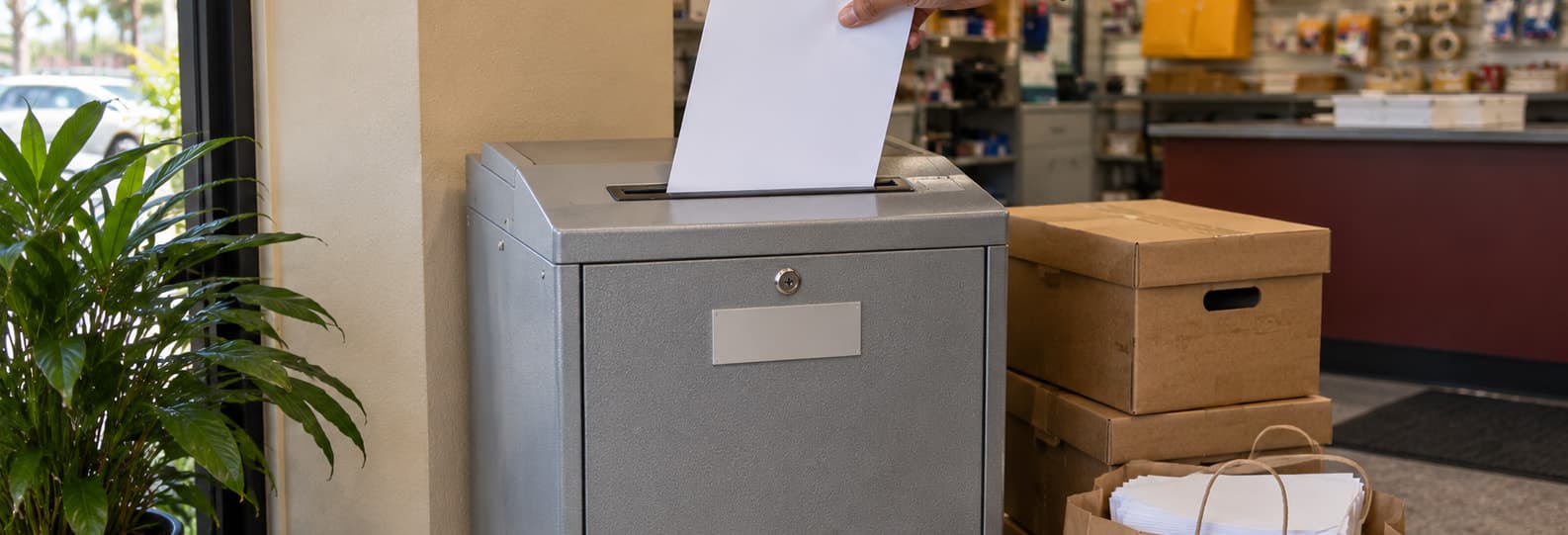 A sheet being fed into the locked shredding console, with archive boxes and paper bags