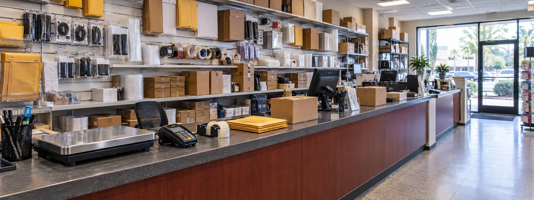 The service counter, looking along it into the shop